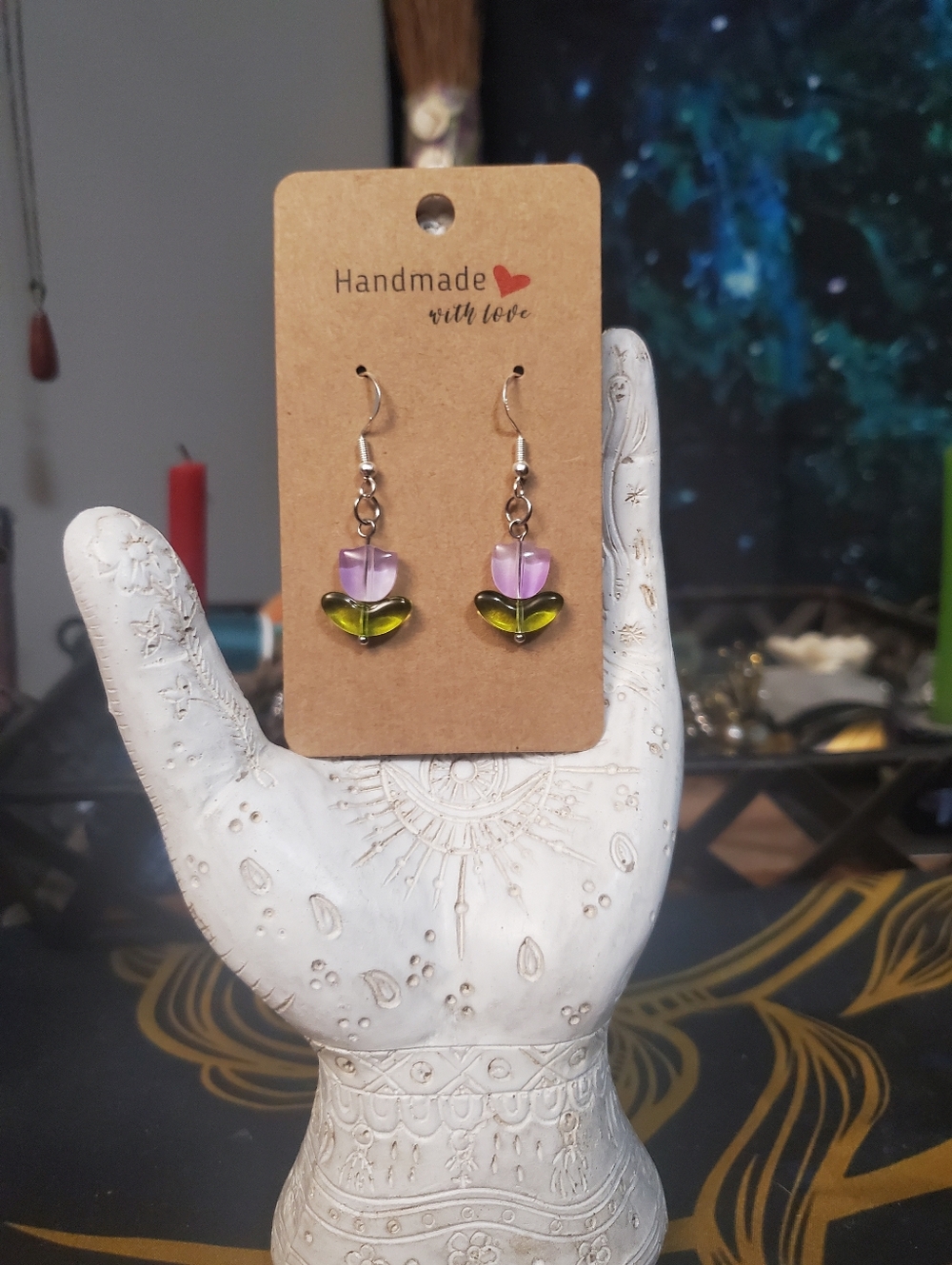 Handmade Purple Tulip Flower Drop Earrings With Sterling Silver Hooks
